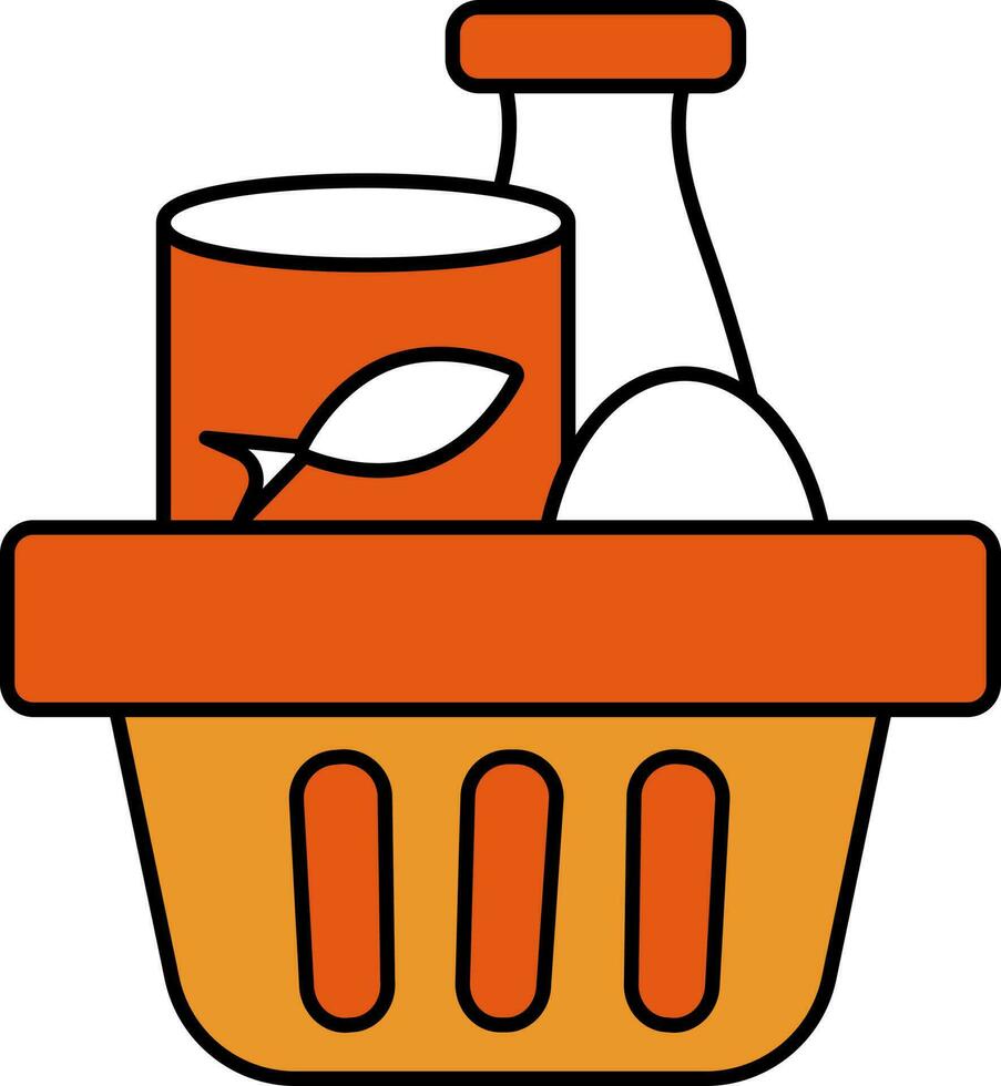 Fish Can With Milk And Egg Basket Icon In Orange And White Color. vector
