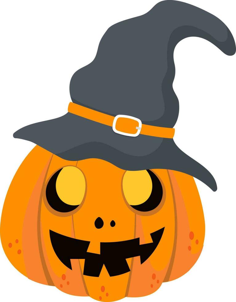 Creepy Cartoon Pumpkin Wearing Witch Hat Flat Element. vector
