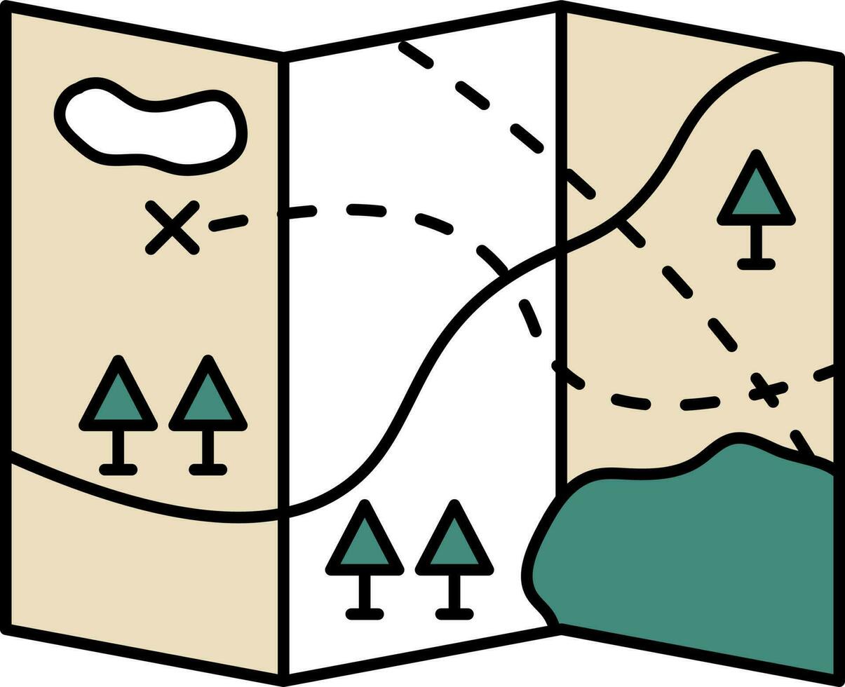 Treasure Map Icon In Teal Green And Brown Color. vector