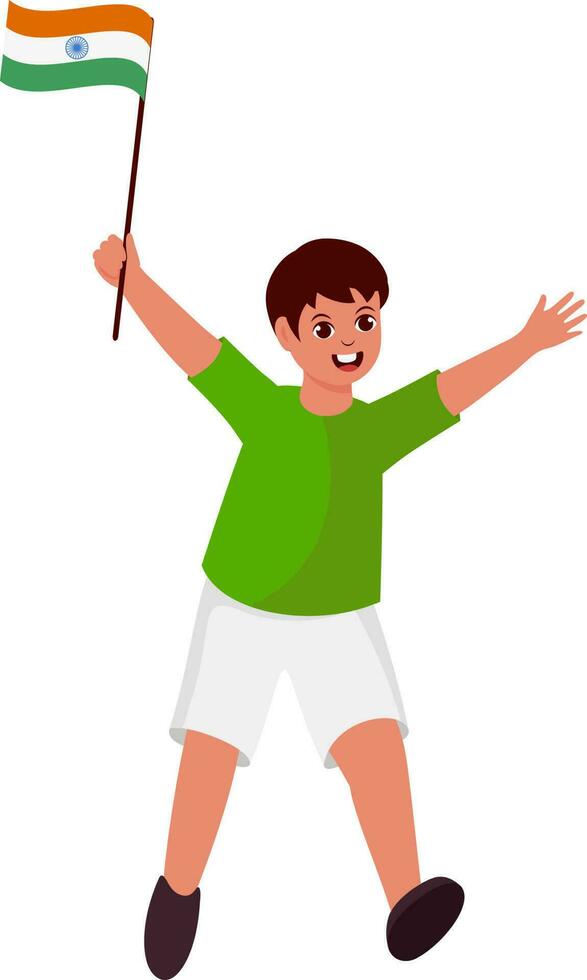 Happiness Young Boy Holding India Flag In Walking Pose. vector