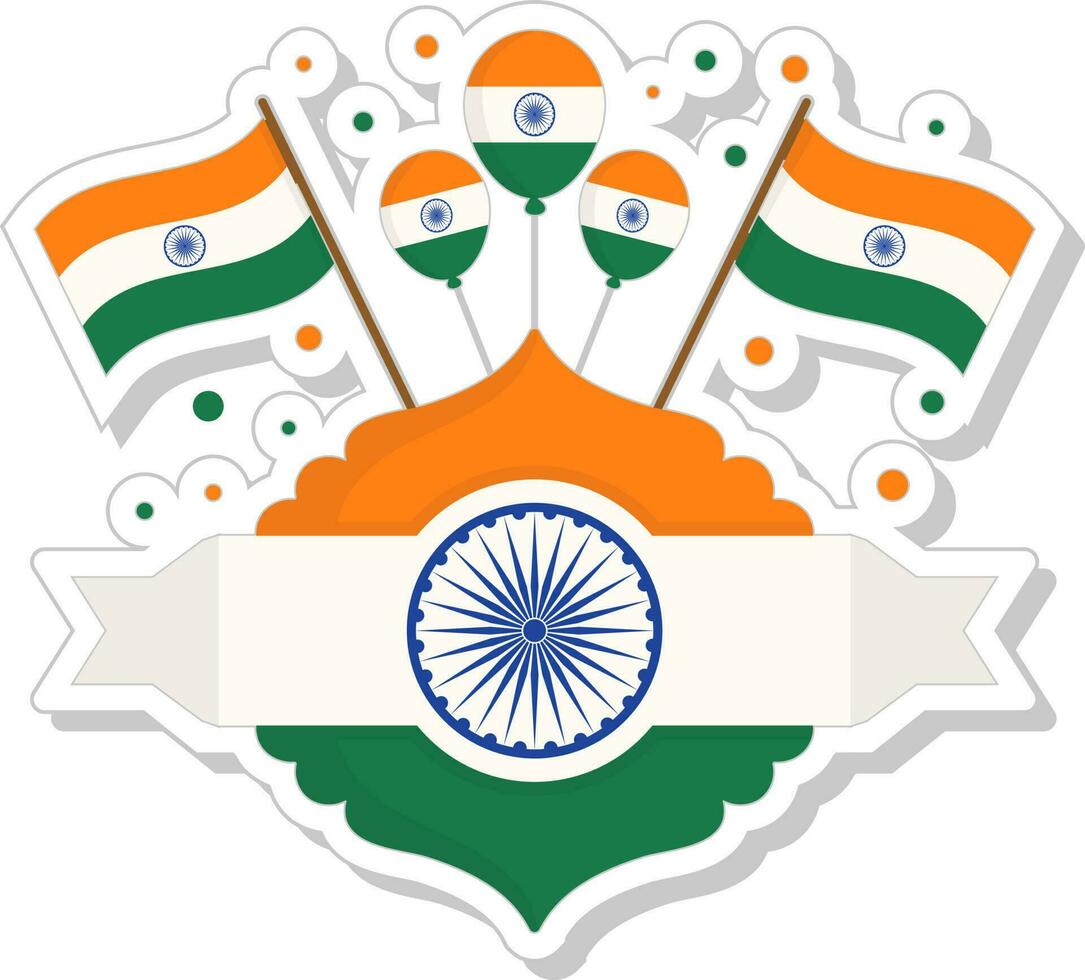 Illustration Of Indian Flag With Balloons And Floral Frame In Sticker Style. vector