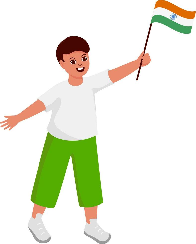 Happiness Young Boy Holding India Flag In Standing Pose. vector