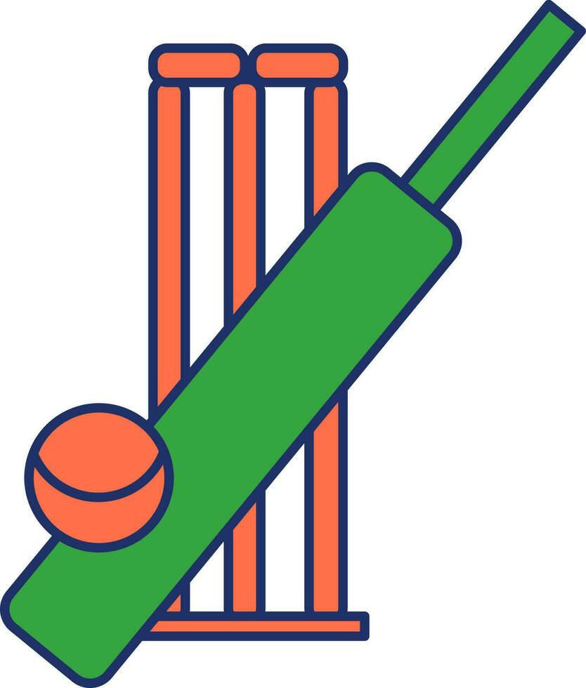 Ball With Bat And Wicket Stump Orange And Green icon. vector