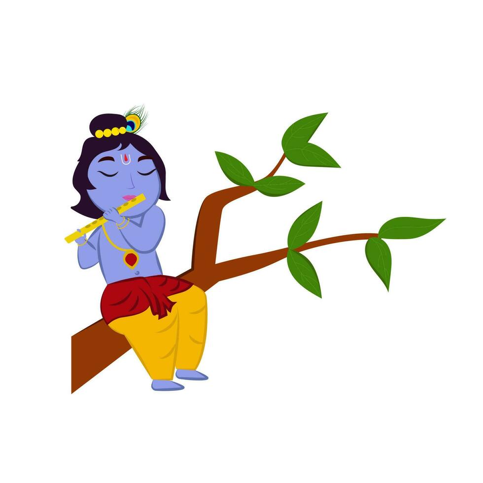 Cute Cartoon Little Krishna Playing Flute On Branch Flat Vector. vector