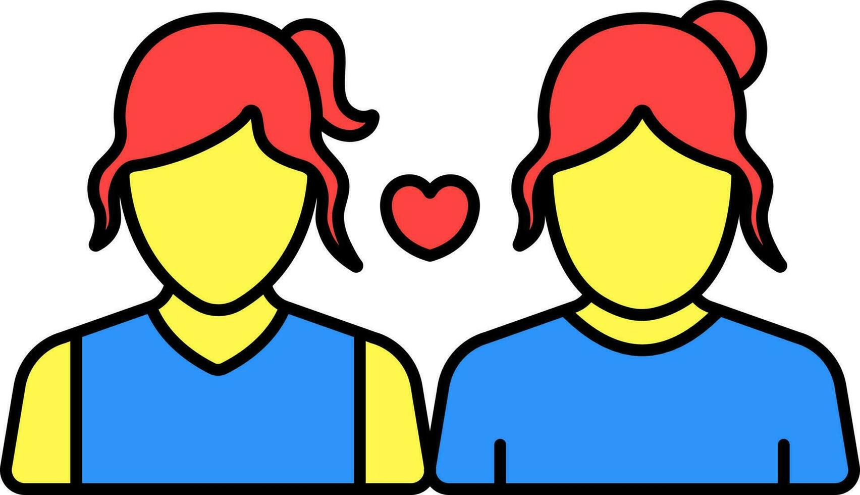 Two Girls With Heart Icon In Blue And Red Color. vector