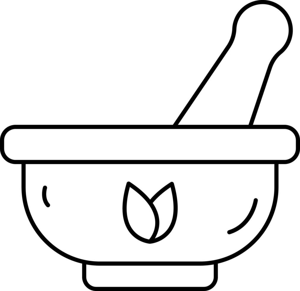 Black Linear Leaves Mortar and Pestle Icon. vector