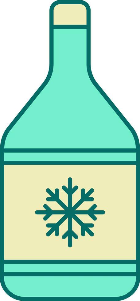 Snowflake Symbol On Alcohol Bottle Icon In Turquoise And Yellow Color. vector