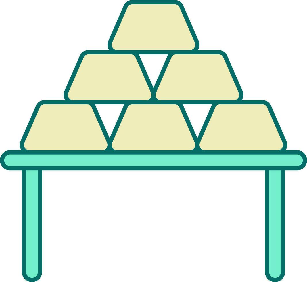 Flat Style Gold Bars Stack On Table Icon In Turquoise And Yellow Color. vector
