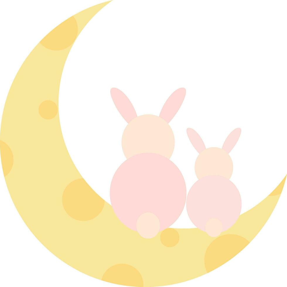 Back View Of Cute Bunny Or Rabbit Sitting On Half Moon Flat Icon. vector