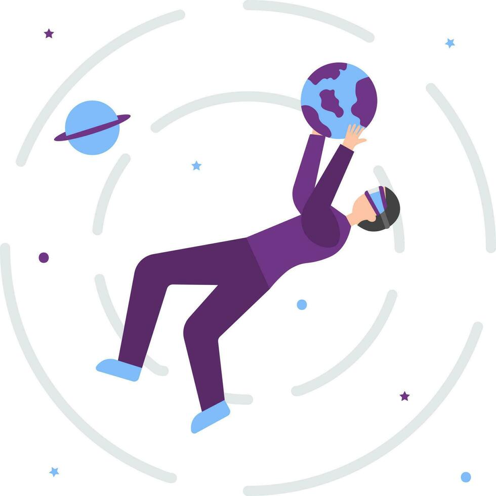 Young Man Imagination Of Holding Earth Planet From VR Glasses Purple Icon. vector