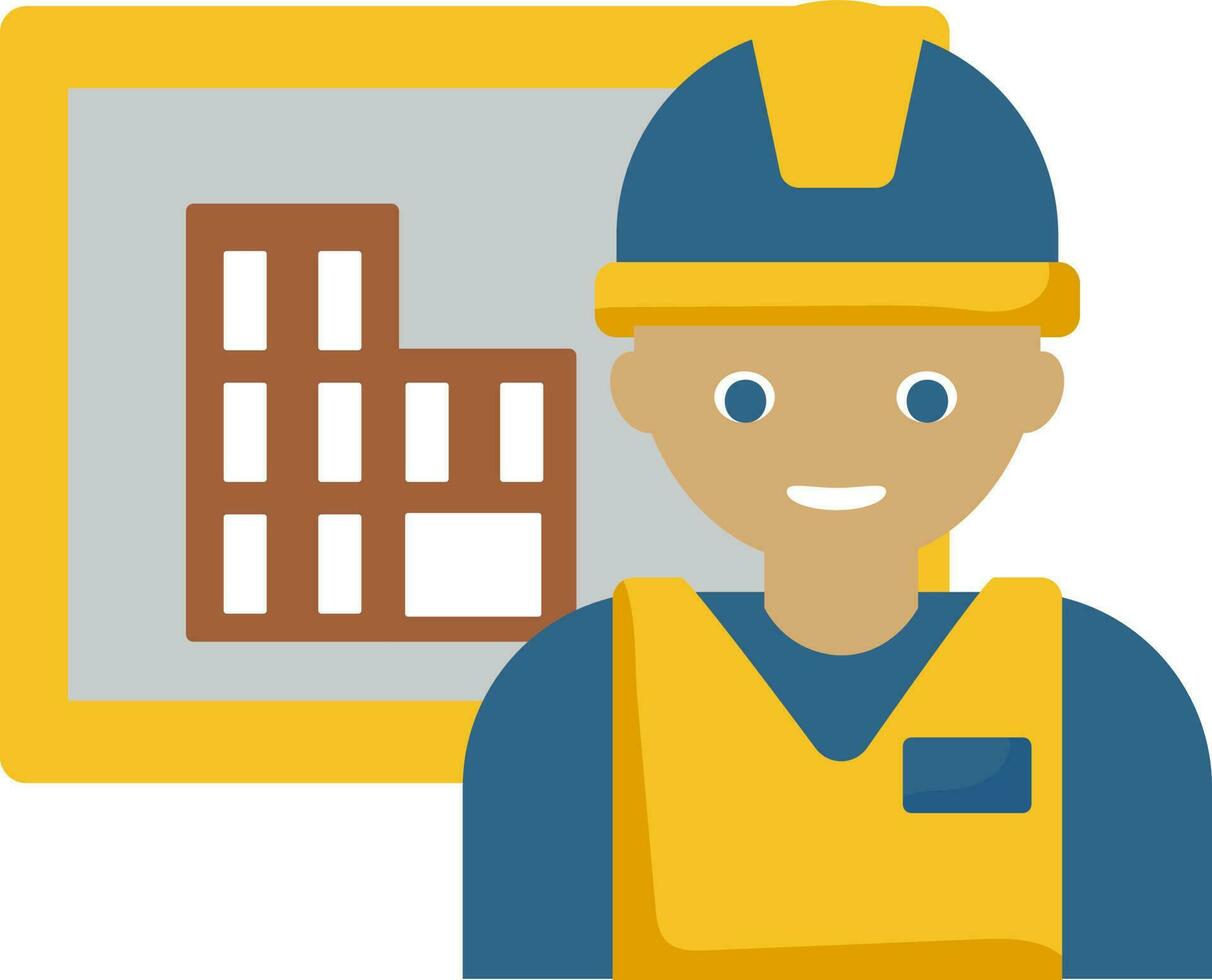 Cartoon Worker Man With Building Flat Icon. vector