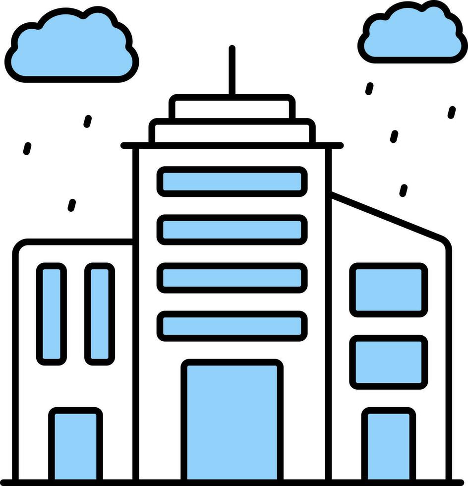 Raining Cloud With Skyline Building Blue And White Icon. vector