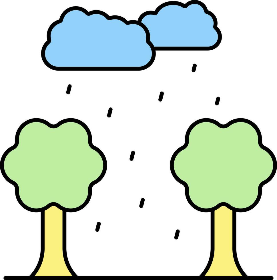 plano ilustración de lluvioso nubes con árbol icono en azul y verde color. vector