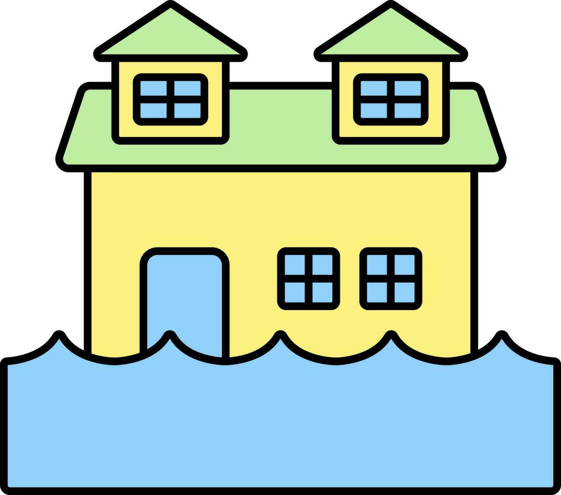 Floody House Building Yellow And Green Icon. vector