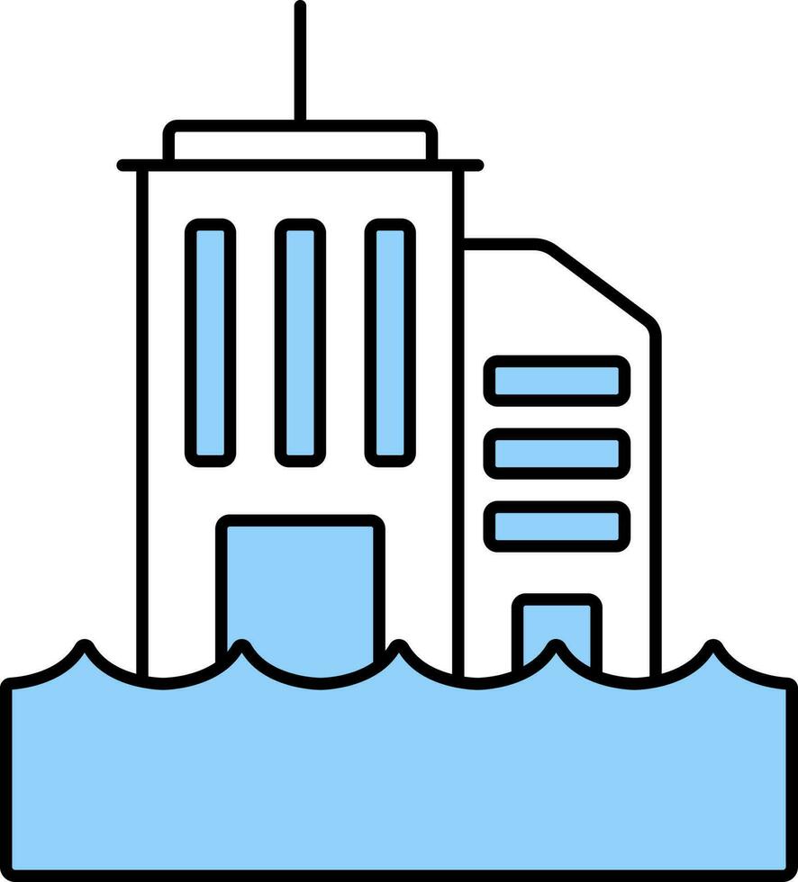 Flat Style Flooding Skyline Building Blue And White Icon. vector