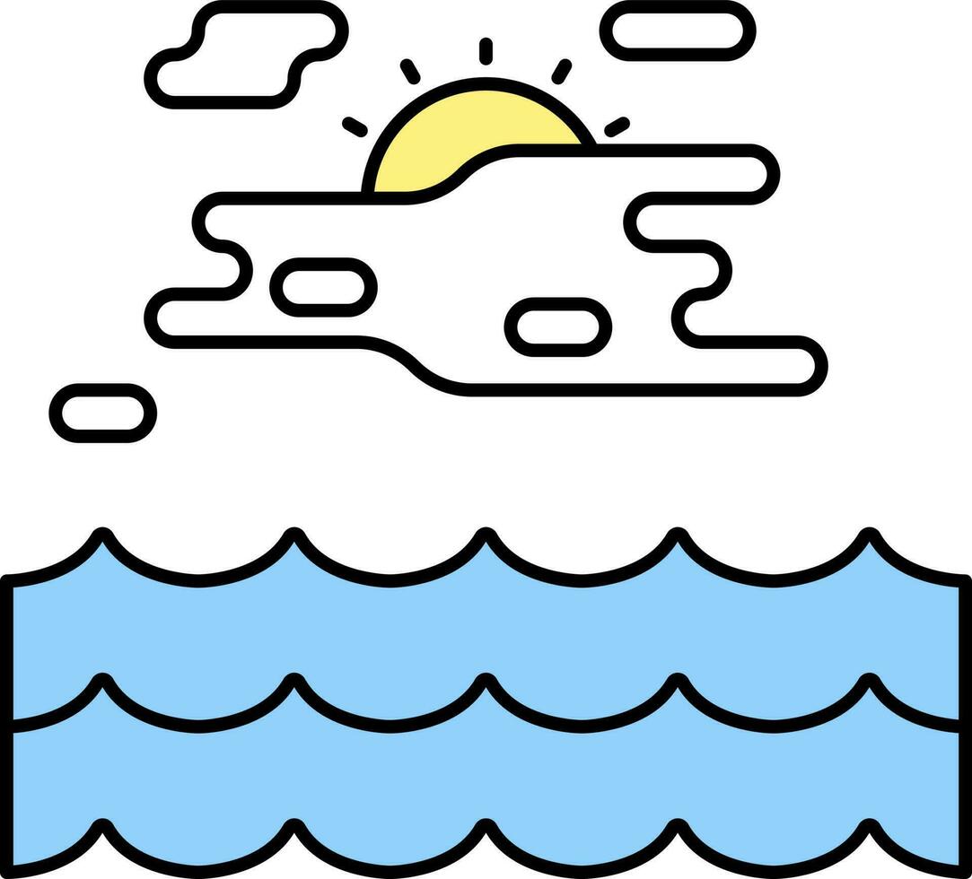 Flat Illustration Of Sun Behind Clouds With Water Blue And Yellow Icon. vector