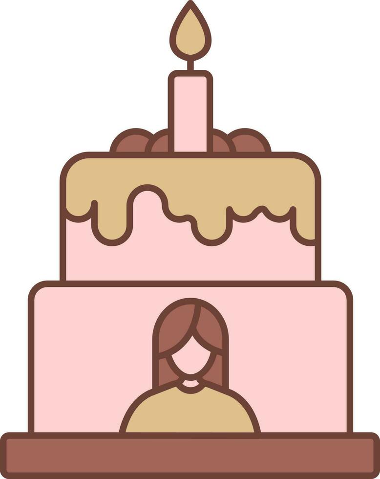 Faceless Smart Girl Cartoon Cake With Burning Candle Brown And Pink Icon. vector