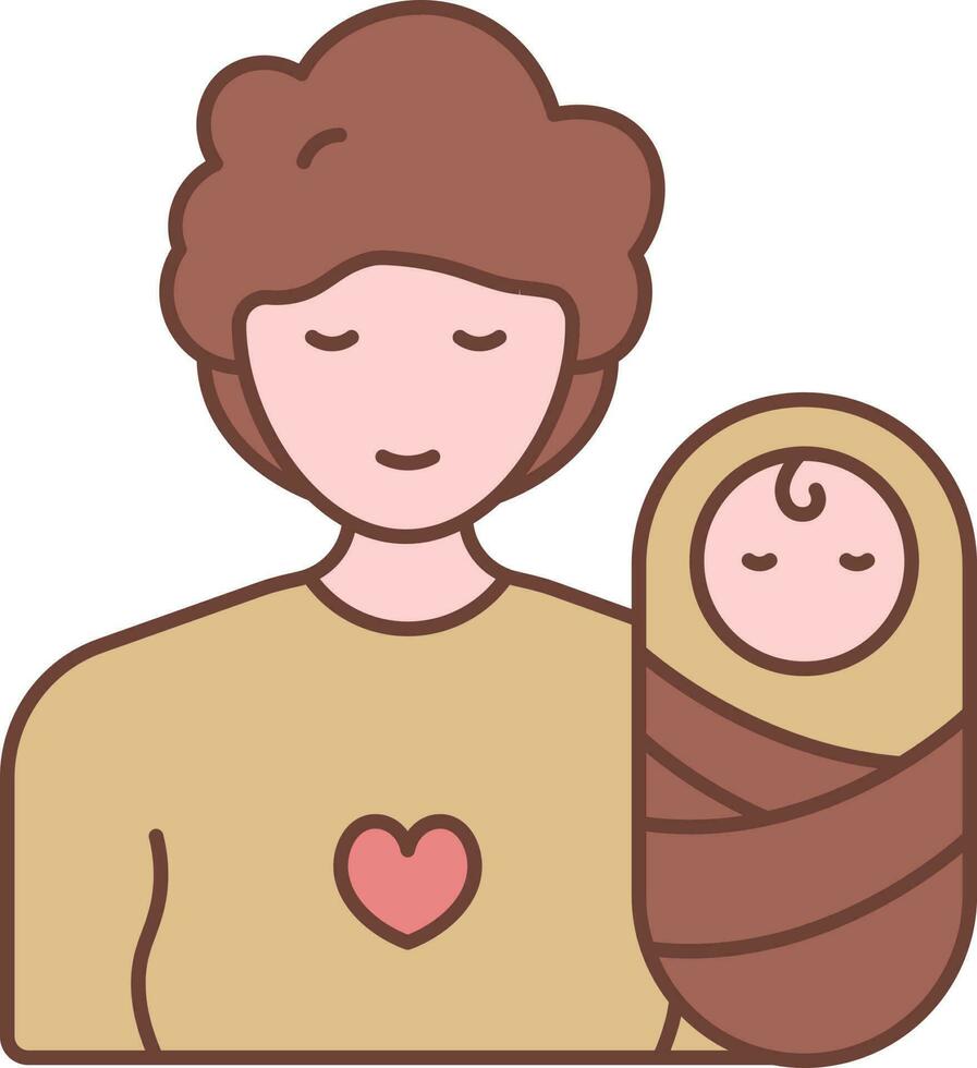 Short Hair Lady With Newborn Baby Brown And Pink Icon. vector