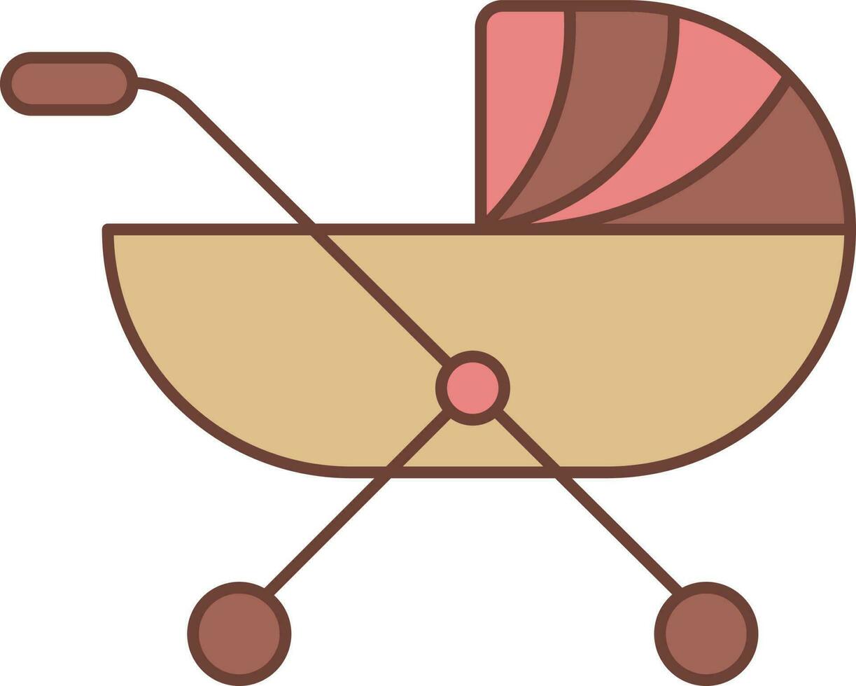 Brown And Red Perambulator Icon In Flat Style. vector