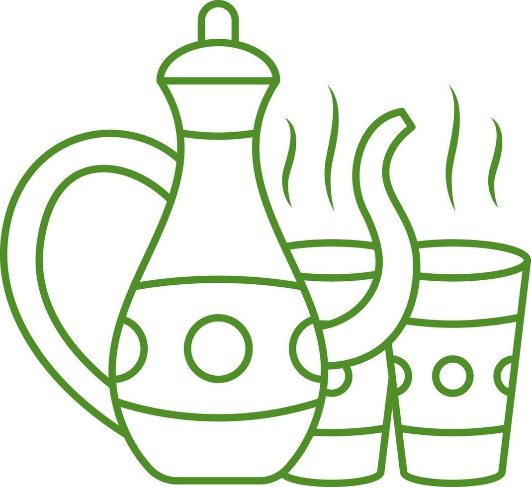 caliente dos té vaso con tetera verde contorno icono. vector