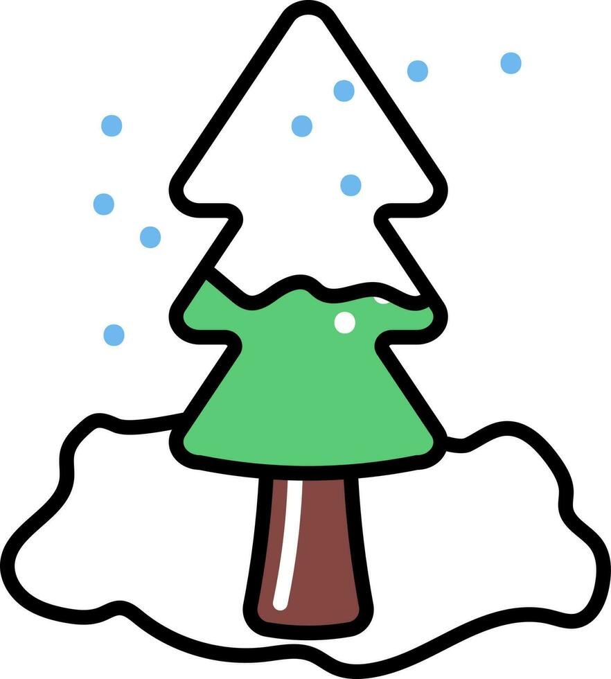 Snowfall Pine Tree Landscape Icon In Green And White Color. vector