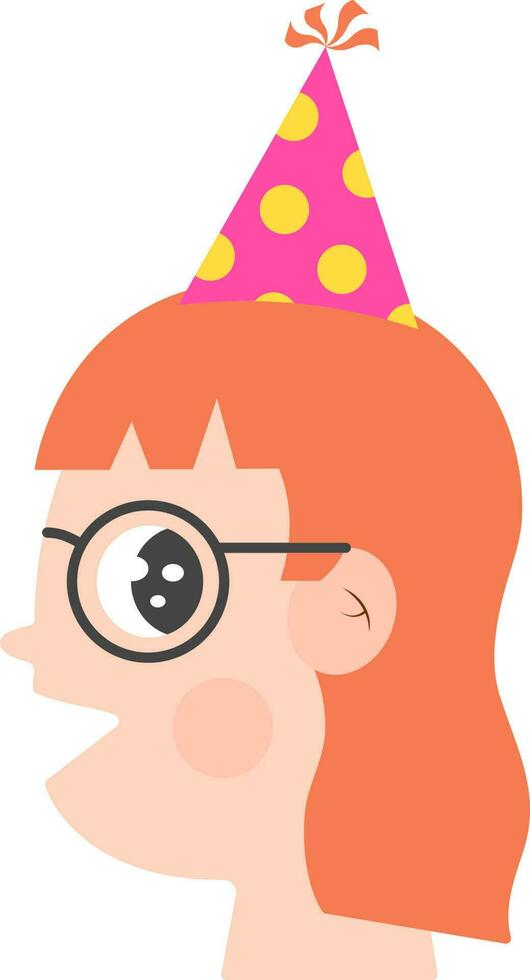 Vector Illustration Of Happy Little Girl Wearing Party Hat In Flat Style.