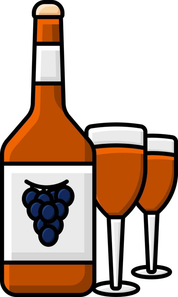 Illustration Of Wine Bottle With Two Glass Icon Orange And White Color. vector