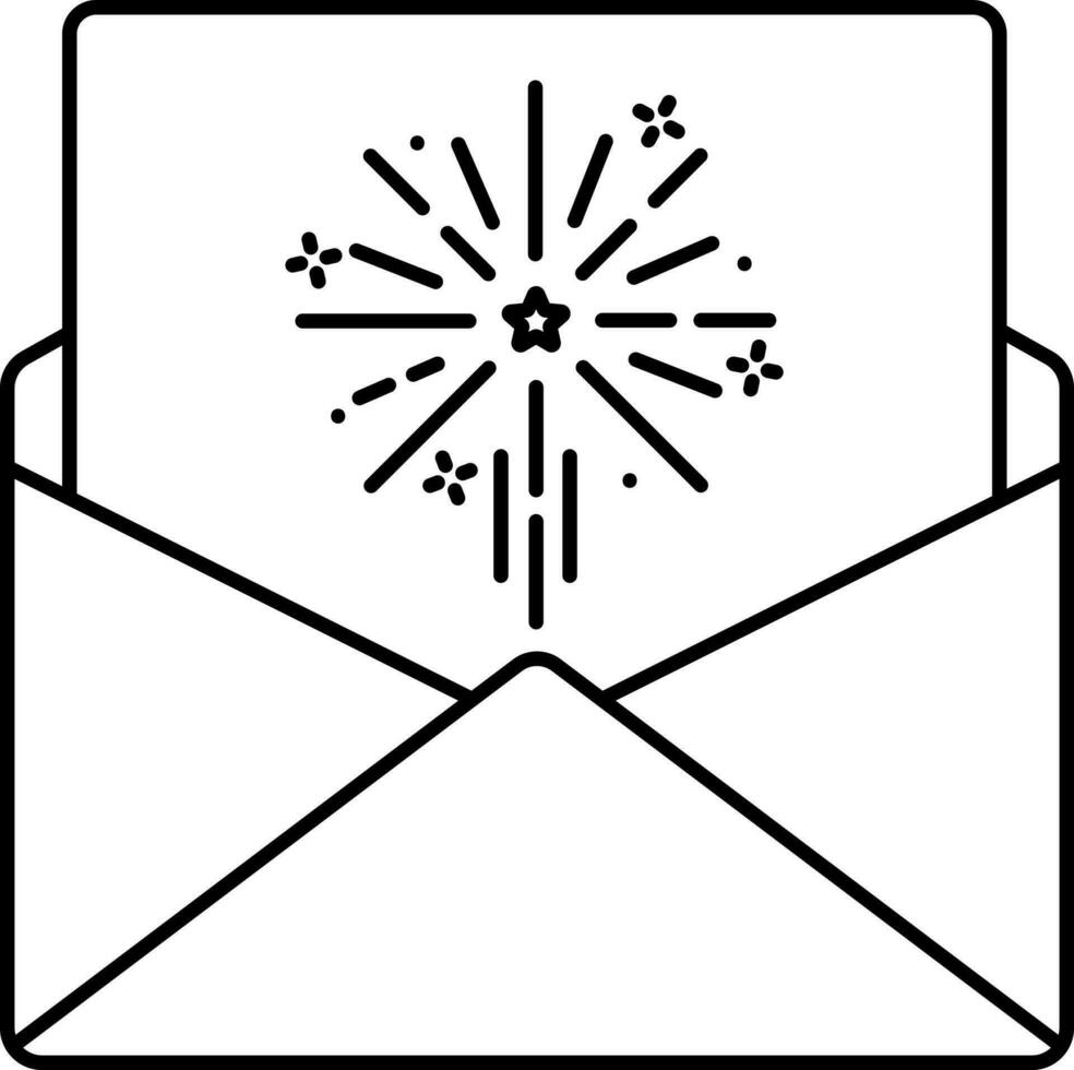 Firework Card With Envelope Icon In Black Linear Style. vector