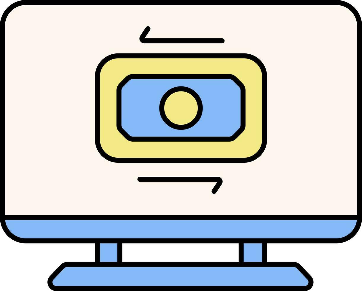 Online Money Transfer Or Exchange In Desktop Screen Yellow And Bllue Icon. vector