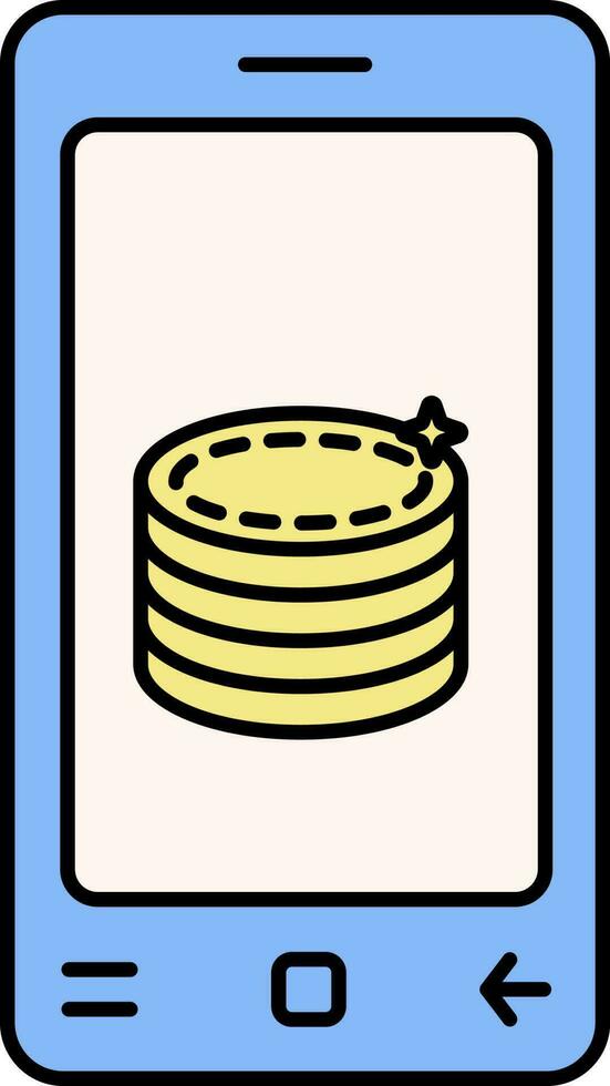 Stack Coin In Smartphone Screen Blue And Yellow Icon. vector