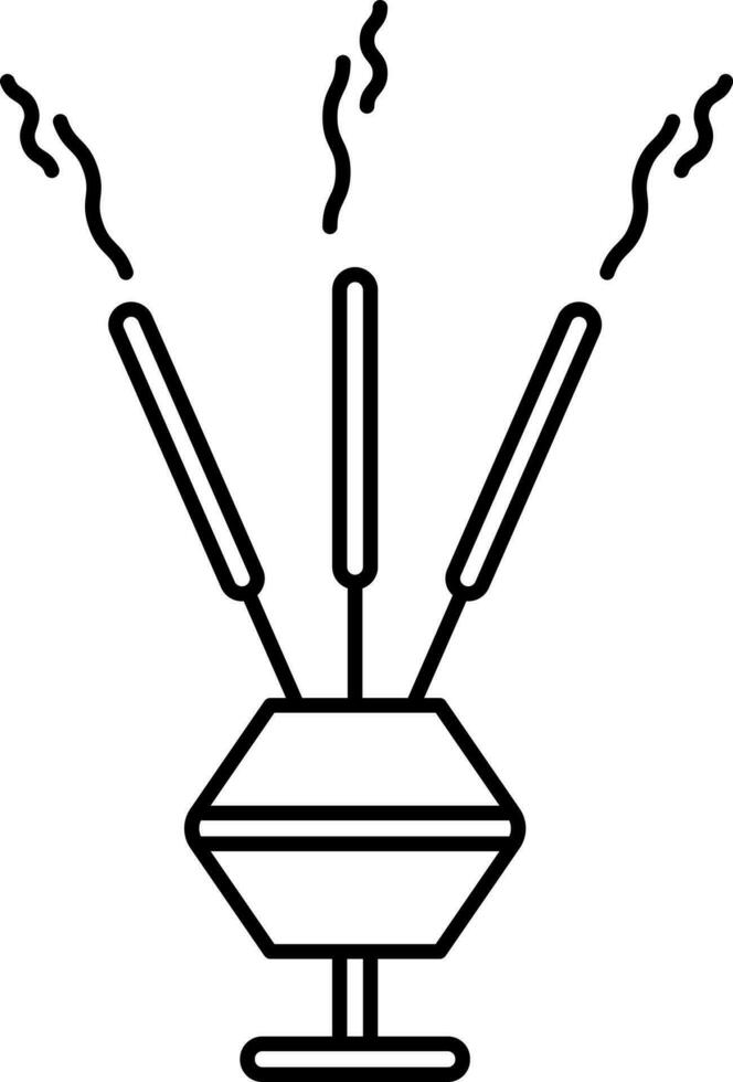 Black Outline Illustration Of Burning Incense Stick Stand Icon. vector