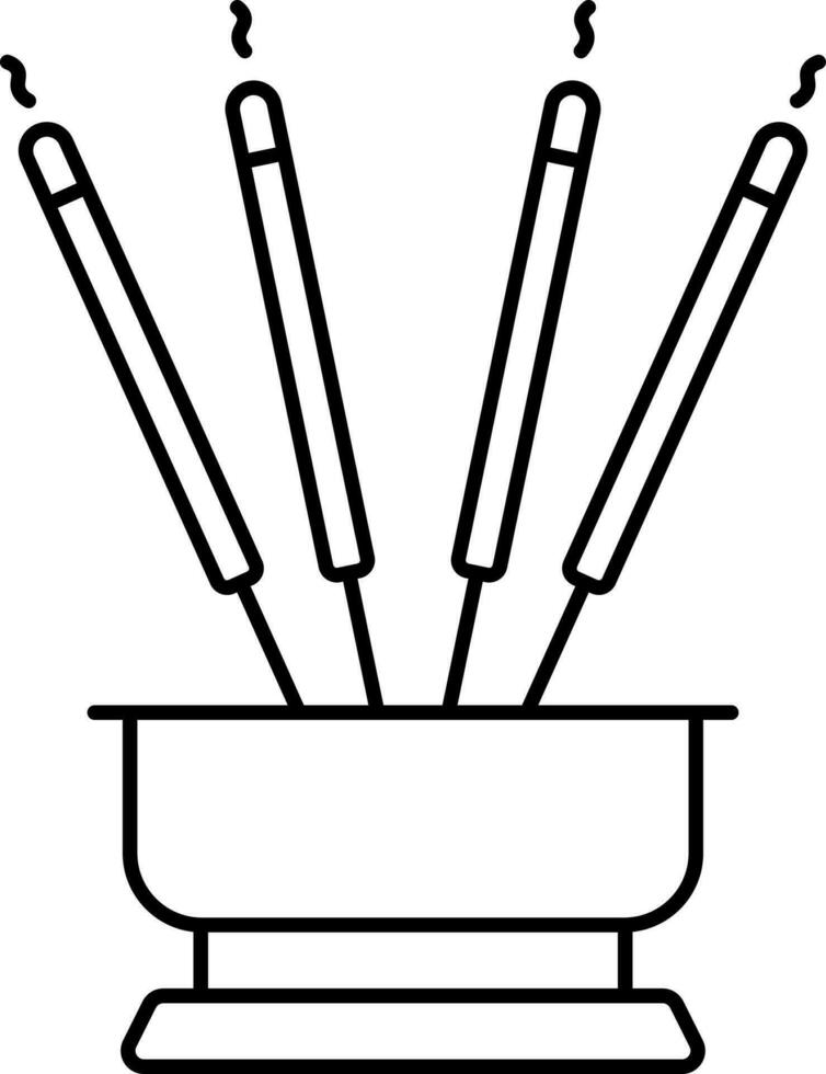 Black Outline Illustration Of Burning Incense Stick Stand Icon. vector