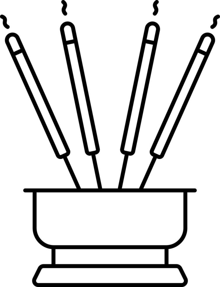 Black Outline Illustration Of Burning Incense Stick Stand Icon. vector