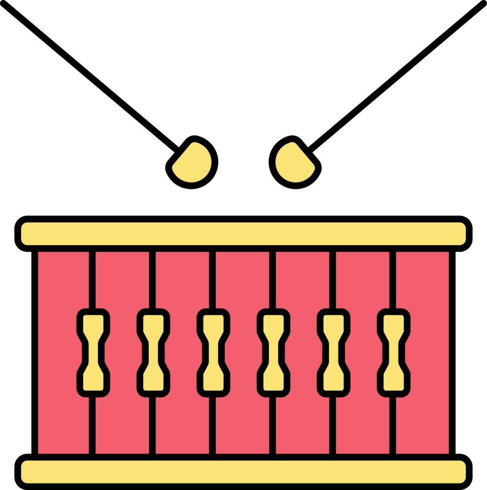 Snare Drum With Sticks Icon In Yellow And Red Color. vector