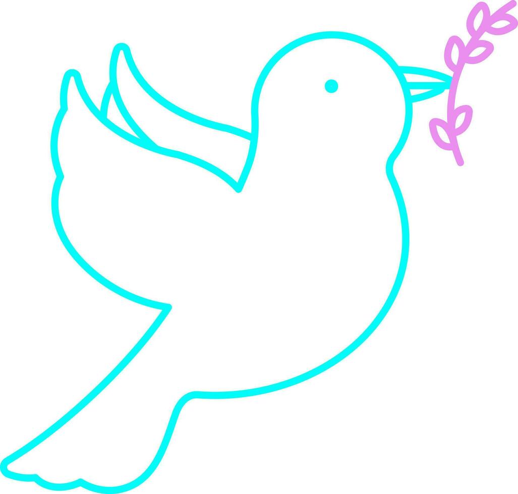 Fly Dove Holding Leaves Icon In Pink And Turquoise Outline. vector