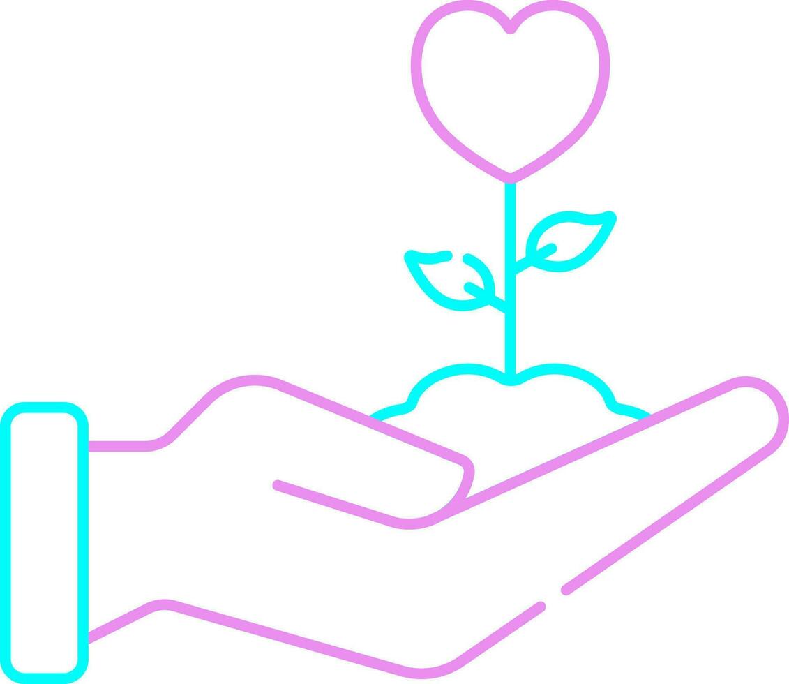 Heart Plant Holding Hand Pink And Turquoise Outline Icon. vector