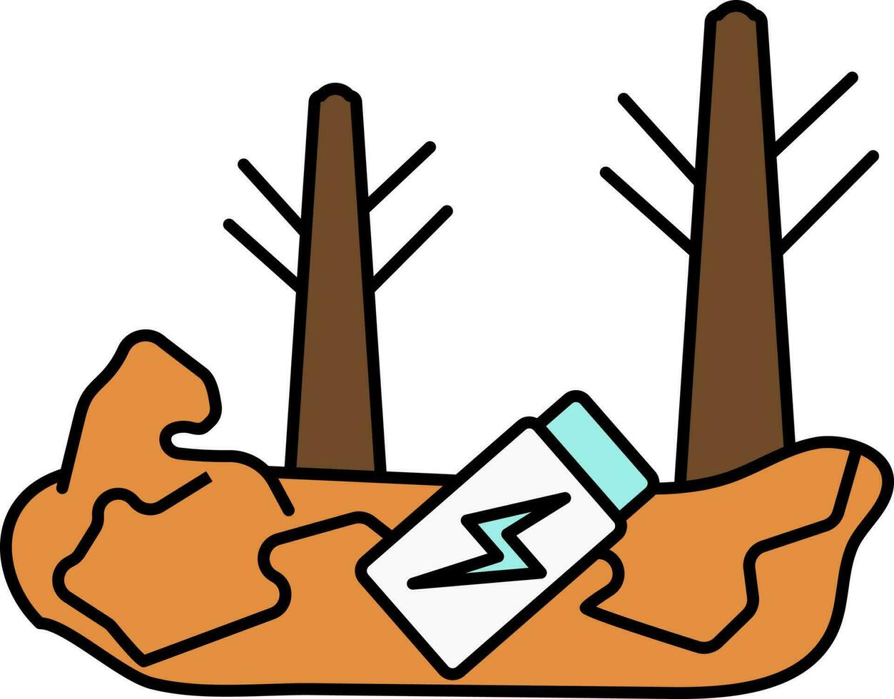 Dry Trees And Battery Cell On Ground Colorful Icon. vector