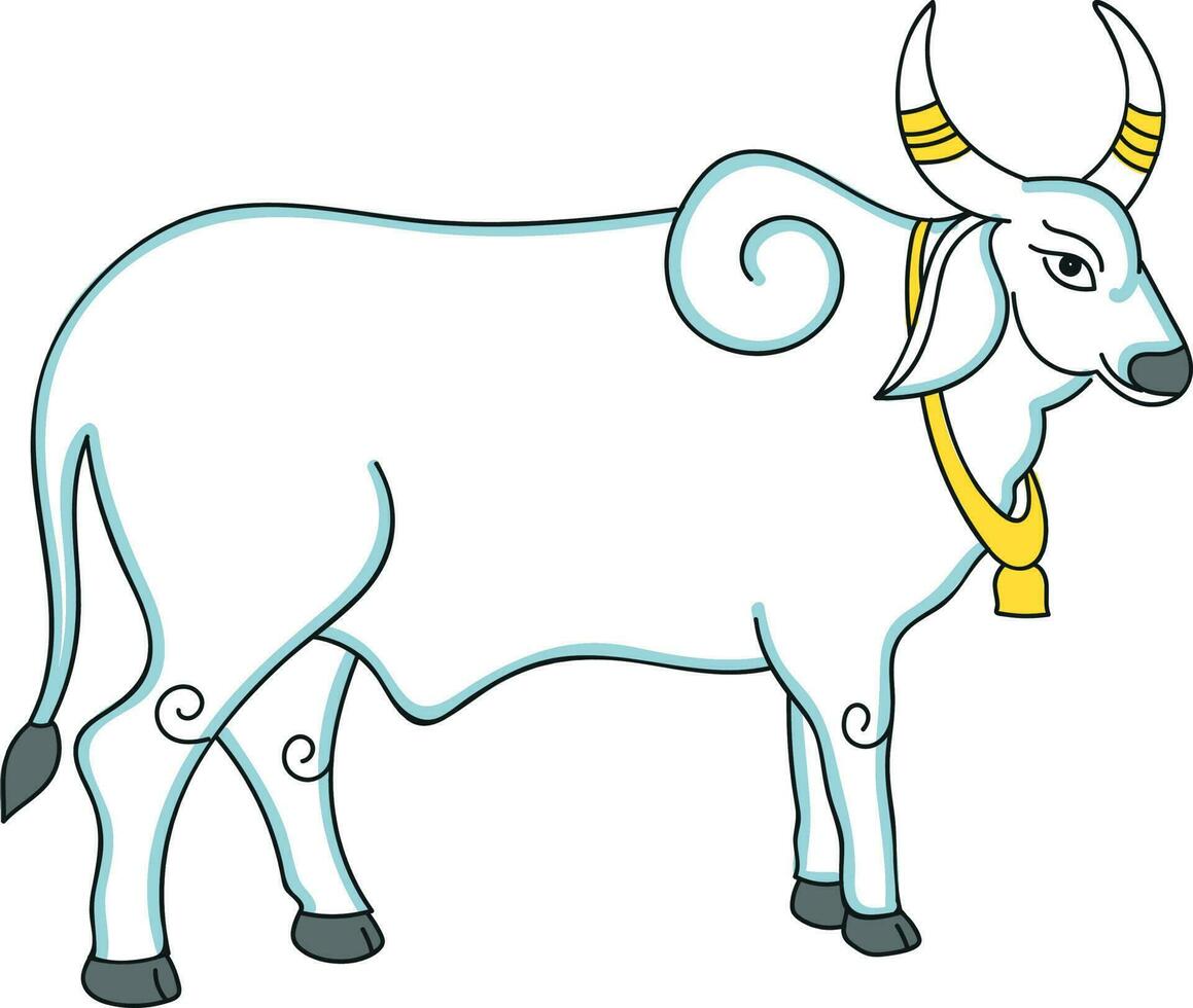 Isolated Ox Or Cow Wearing Golden Bell Flat Icon. vector