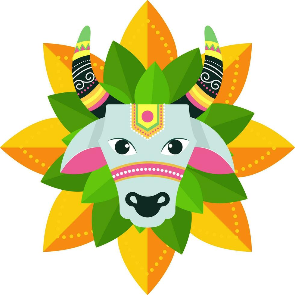 Isolated Cow Or Ox Face With Leaves Flat Vector. vector