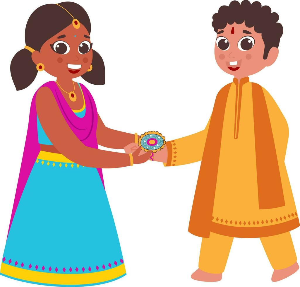 Cute Girl Tying Rakhi To Her Brother On The Occasion Of Raksha Bandhan. vector