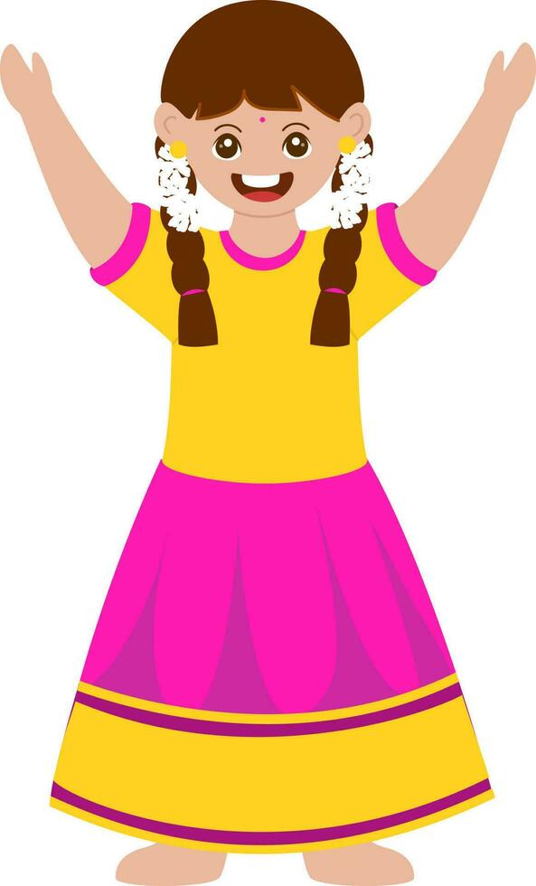 Happiness Cute Girl Raising Hands Up In Standing Pose. vector