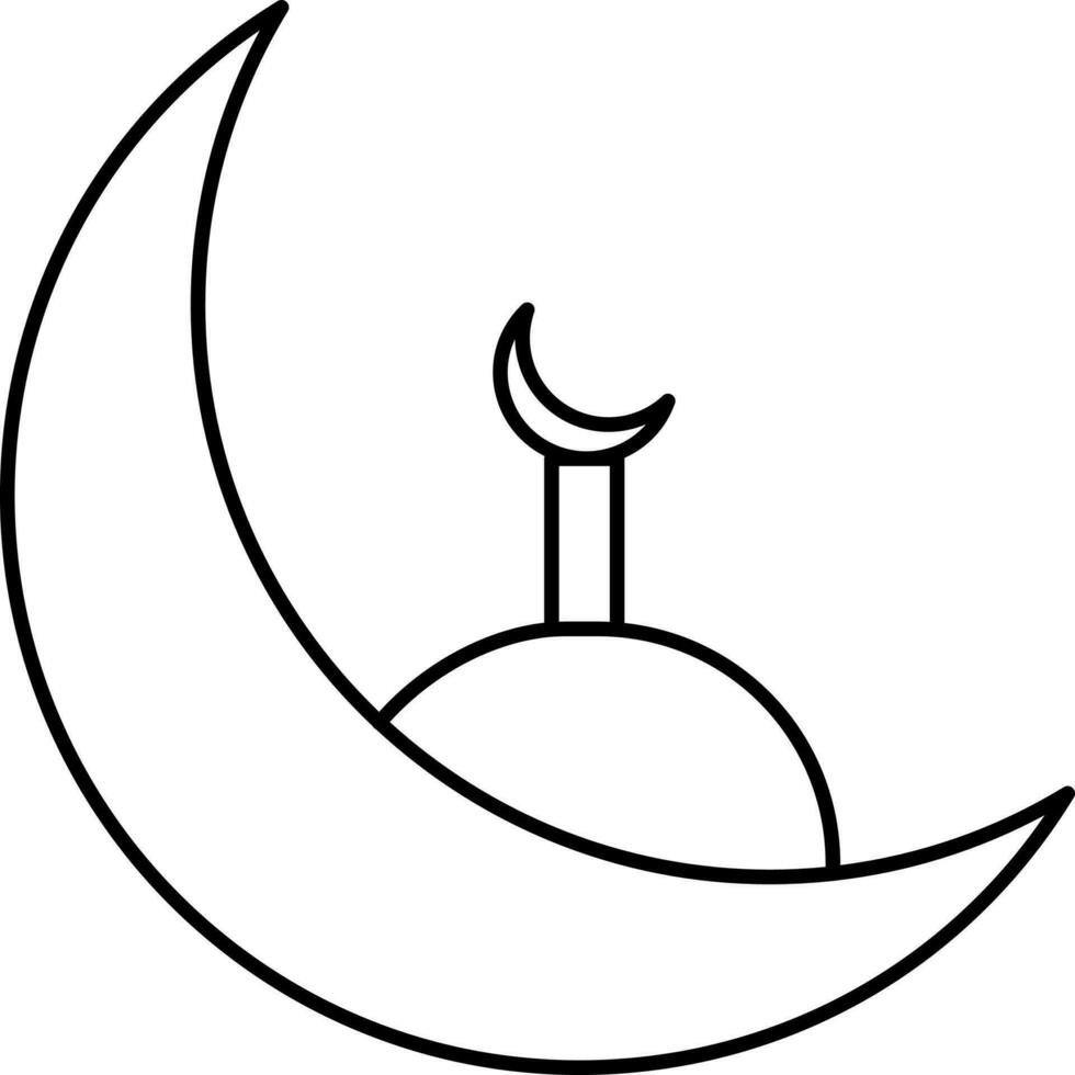 Crescent Moon With Mosque Minaret Black Stroke Icon. vector