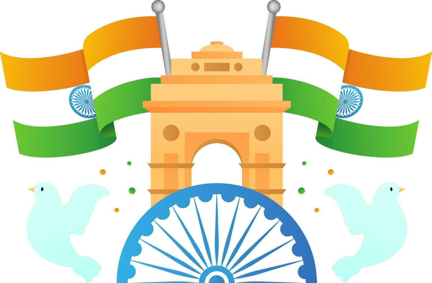 aislado India portón Monumento con medio ashoka rueda, ondulado bandera y volador palomas Copiar espacio antecedentes. vector