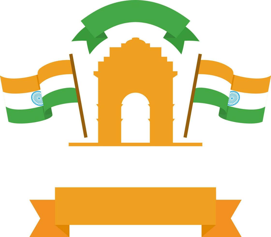 Blank Ribbons With India Gate Silhouette And Wavy Indian Flags Background. vector