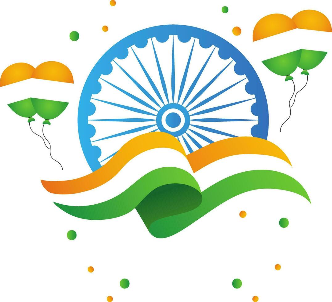 Indian Wavy Flag With Ashoka Wheel, Flying Balloons And Copy Space Background. vector