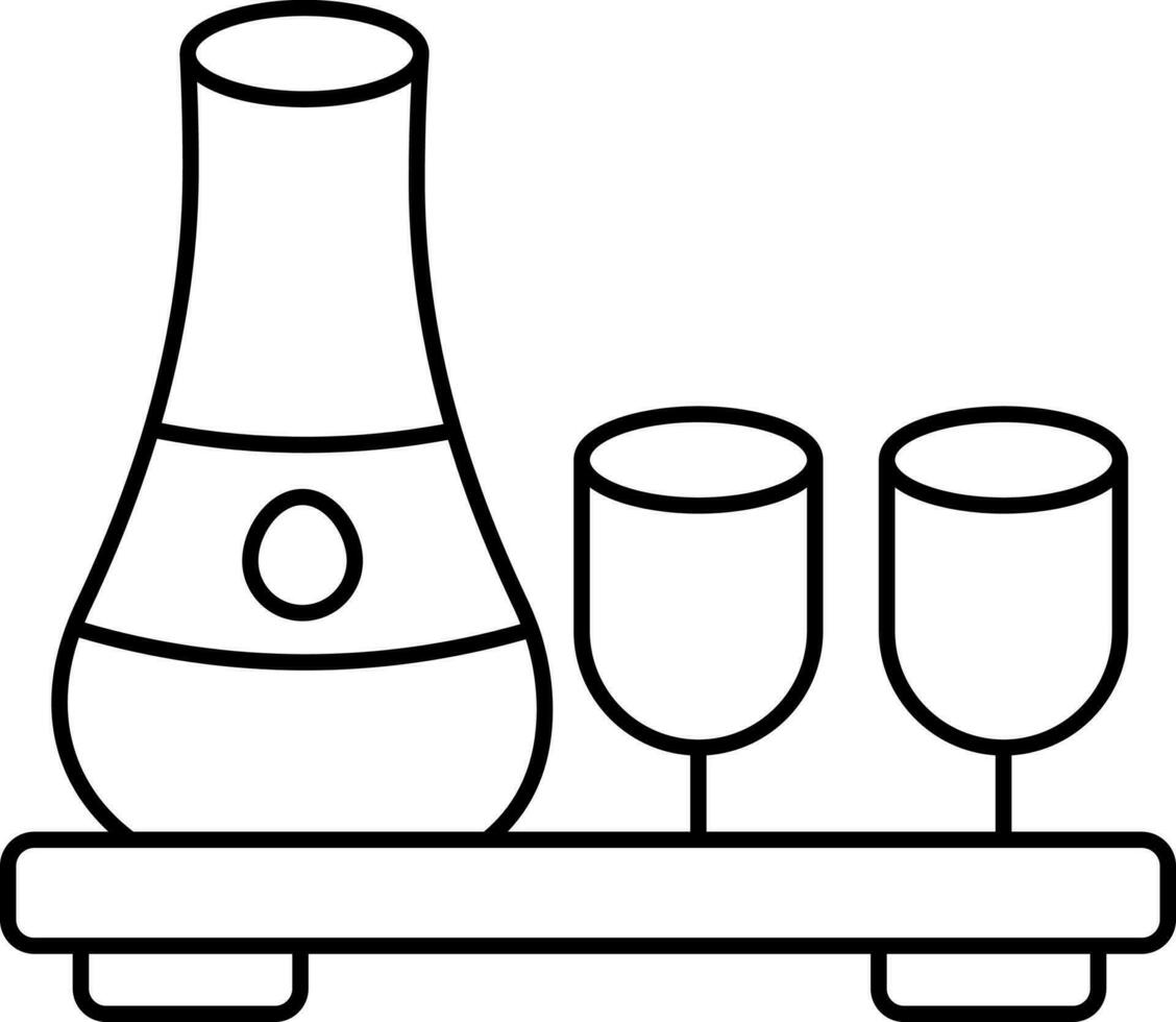 Wine Glass With Jug On Tray Icon In Black Stroke. vector