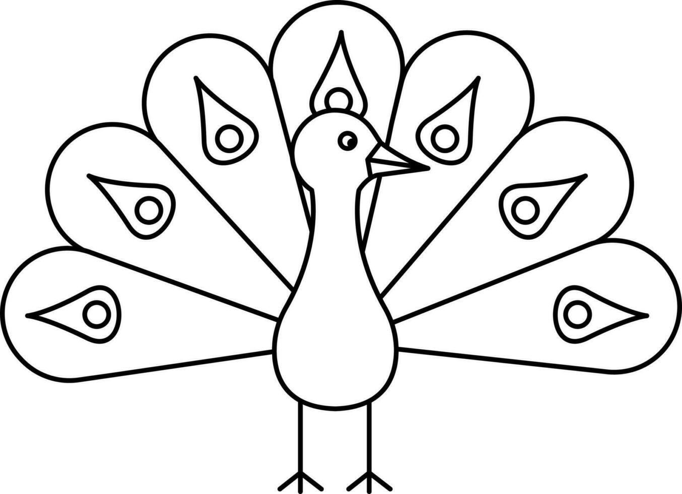 Peacock Cartoon Character Icon In Black Outline. vector