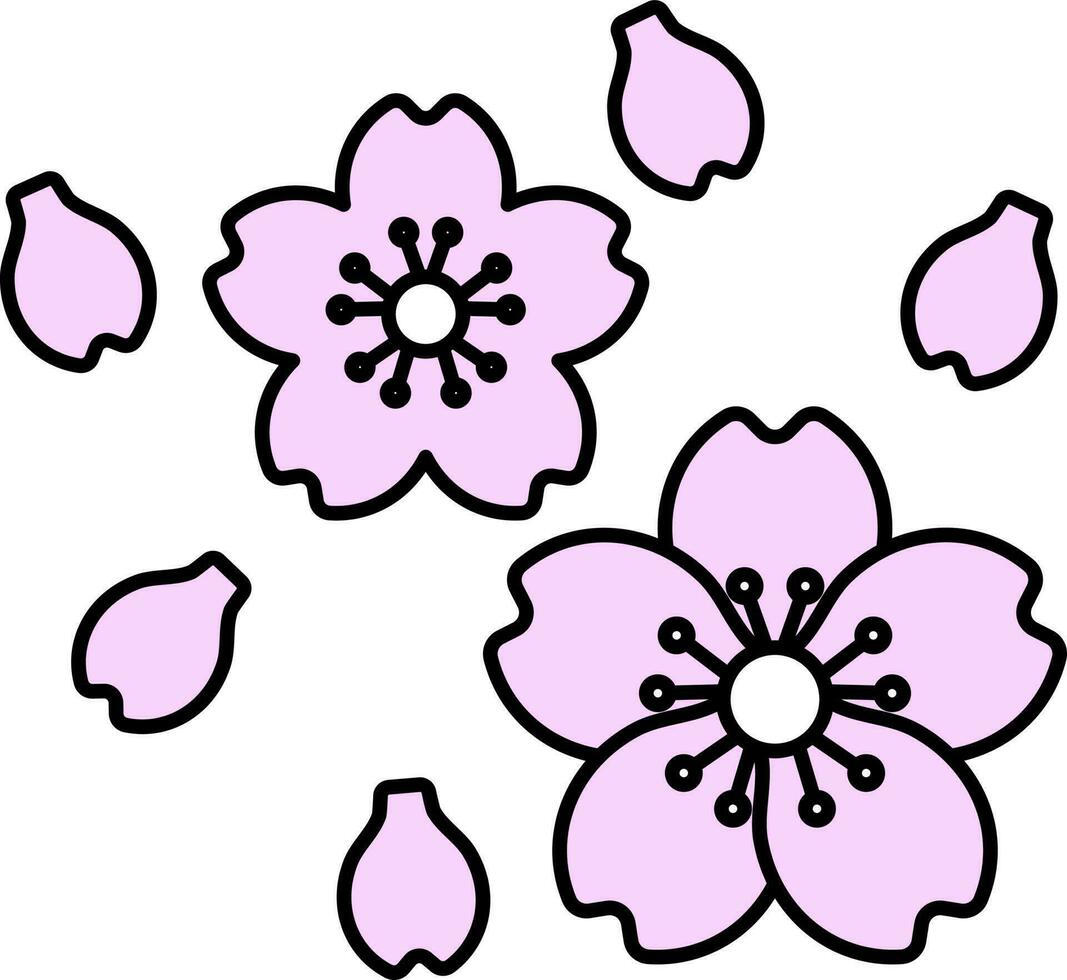 Pink Cheery Flowers With Petals Flat Icon On White Background. vector