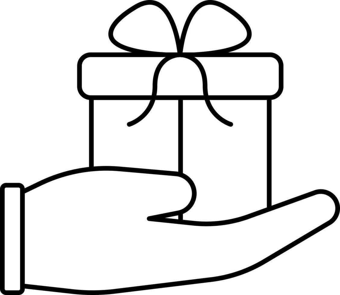 Gift On Hand Black Outline Icon. vector