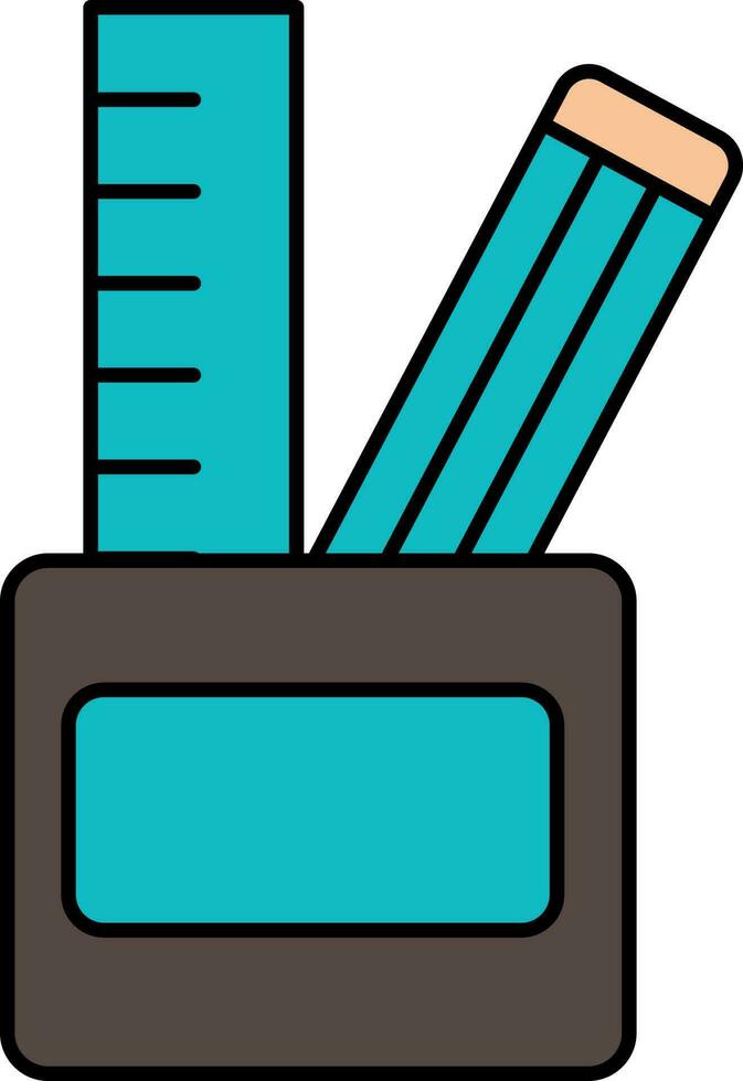 Ruler With Pencil In Pen Holder Turquoise And Grey Icon. vector